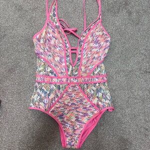 BECCA Pink Multicolor Crochet One-Piece Swimsuit